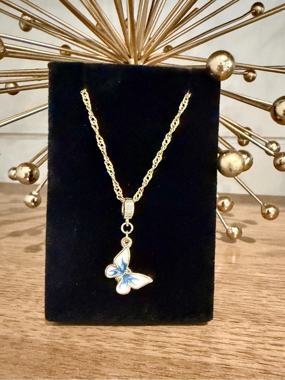Gold-Plated Butterfly Pendant Necklace with Blue Enamel